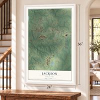 Jackson, Louisiana map, 24 x 36 inch print in a white frame by a staircase