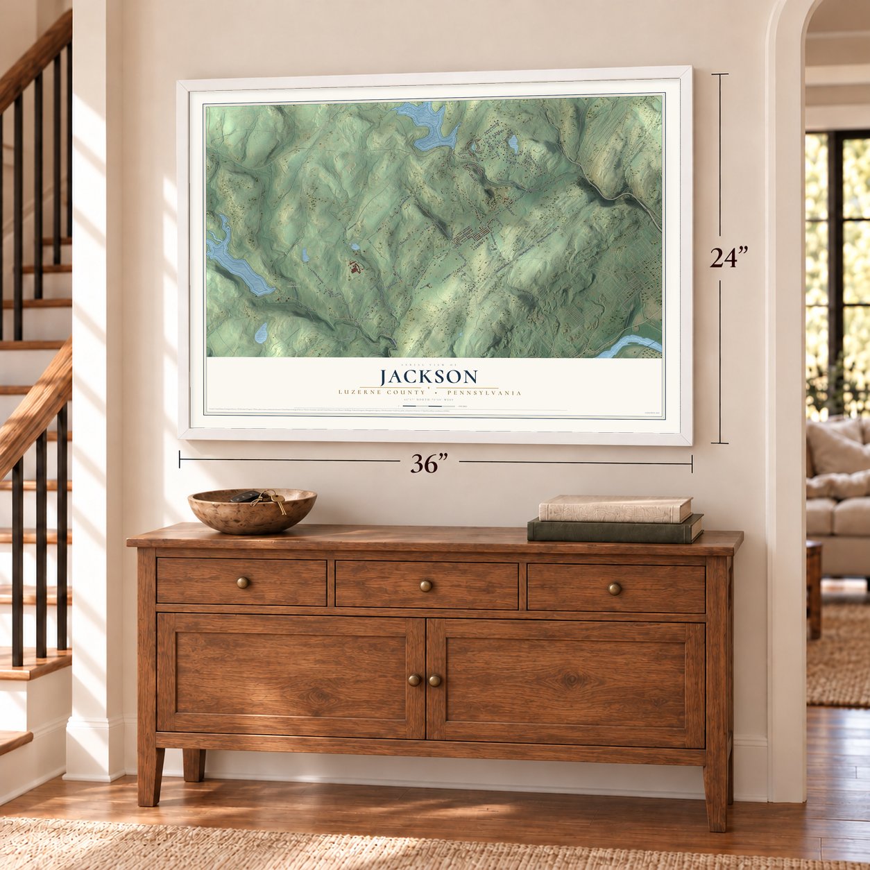 Jackson, Luzerne County, Pennsylvania map, 24 x 36 inch print in a white frame above a dresser by a staircase