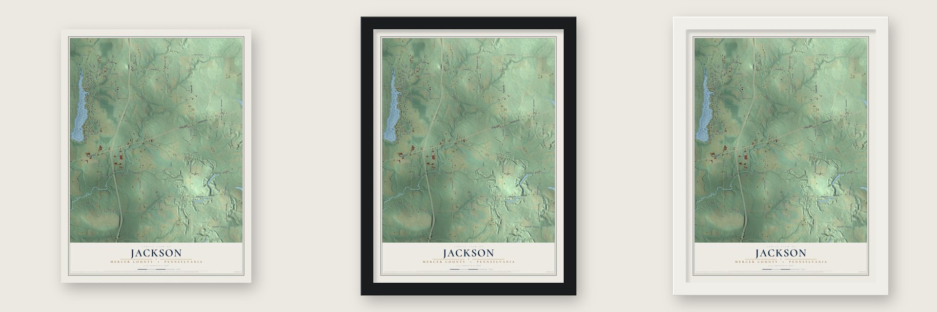 Jackson, Mercer County, Pennsylvania map unframed, in a black wood frame and in a white wood frame