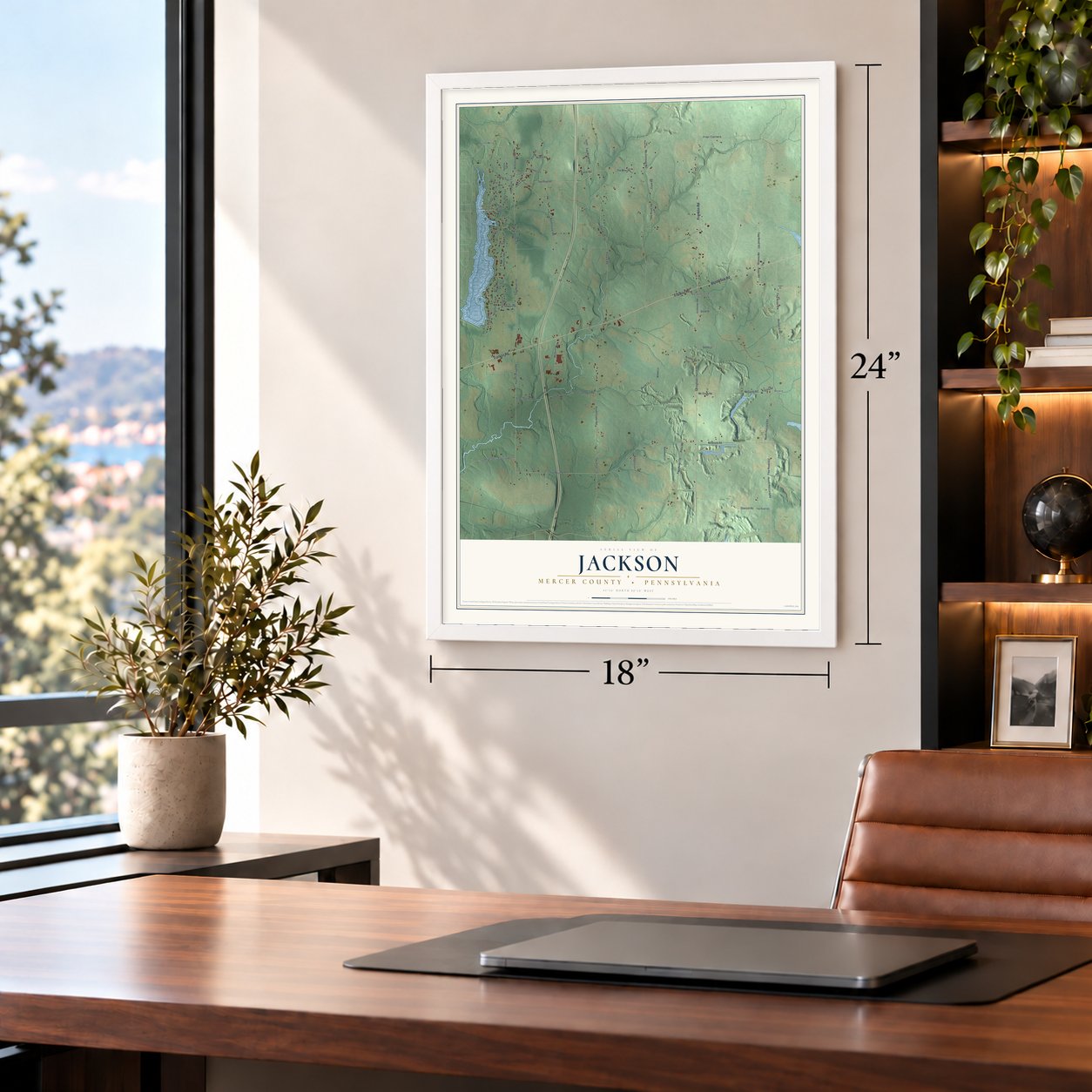 Jackson, Mercer County, Pennsylvania map, 18 x 24 inch print in a white frame in a home office