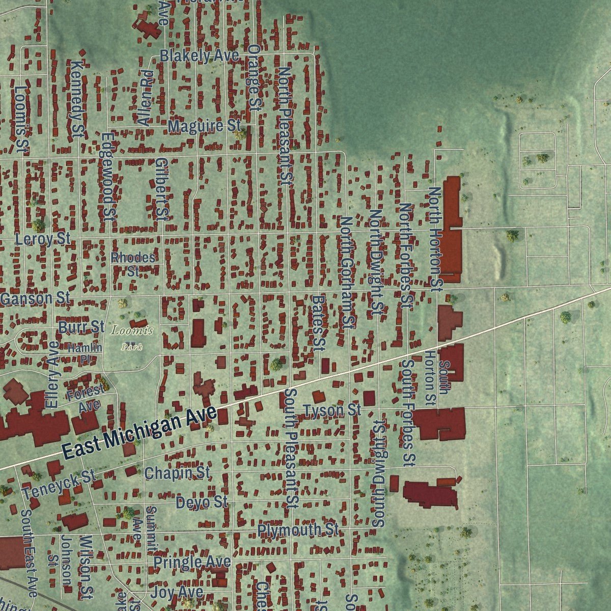 Second close-up of the map of Jackson, Michigan print showing more streets and buildings