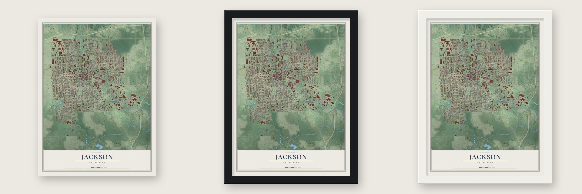 Jackson, Michigan map unframed, in a black wood frame and in a white wood frame