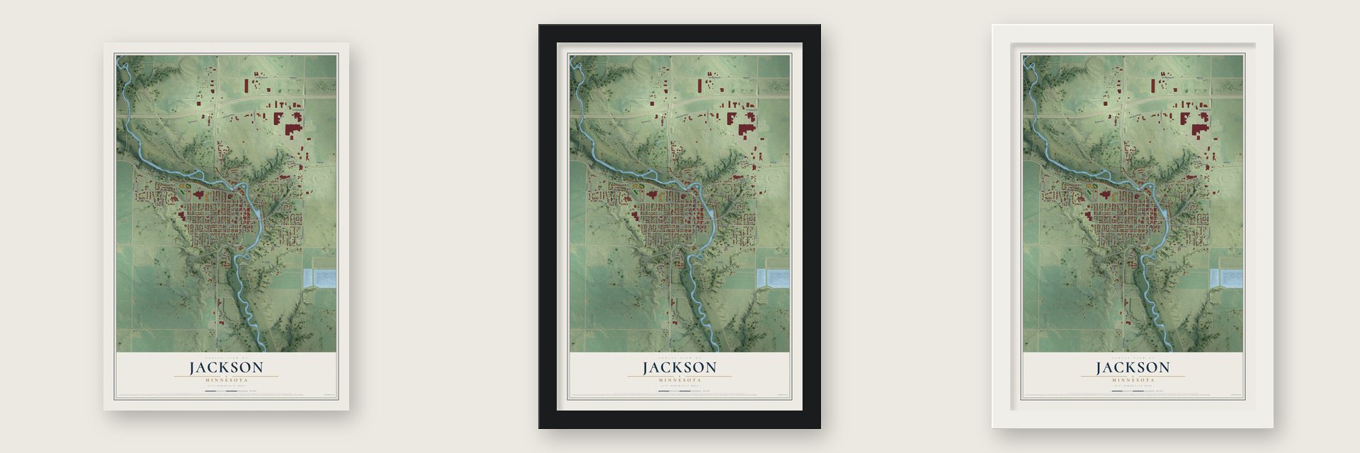 Jackson, Minnesota map unframed, in a black wood frame and in a white wood frame