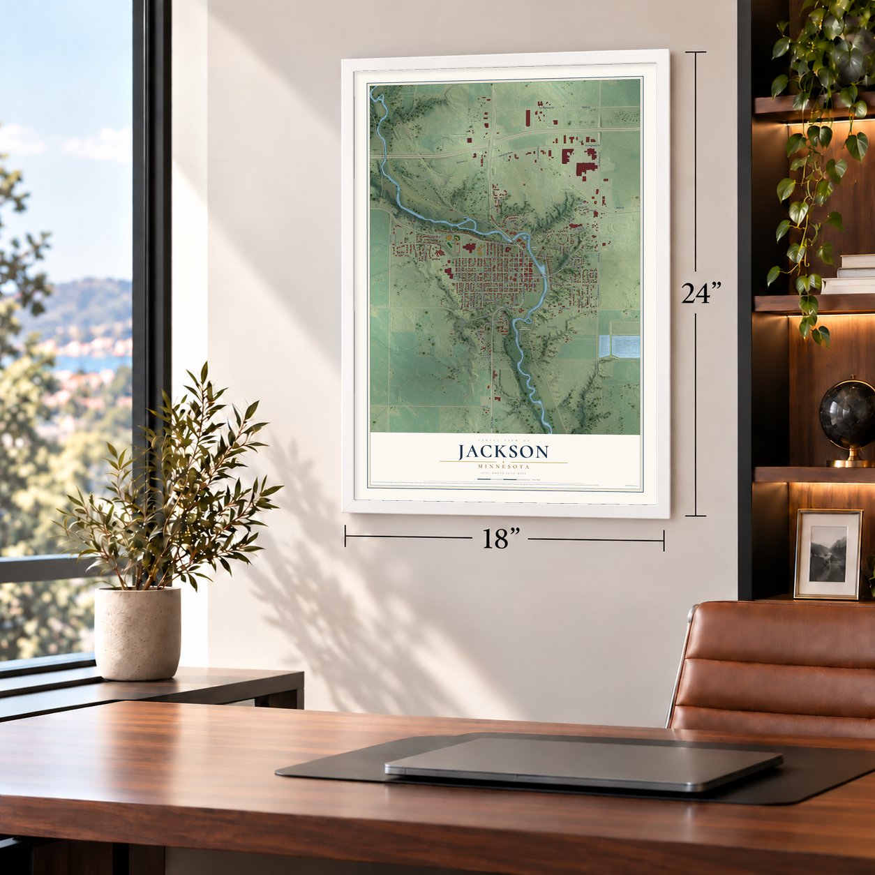 Jackson, Minnesota map, 18 x 24 inch print in a white frame in a home office