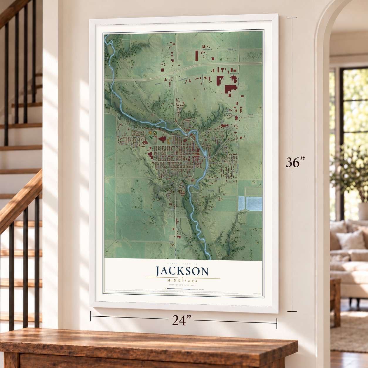 Jackson, Minnesota map, 24 x 36 inch print in a white frame by a staircase