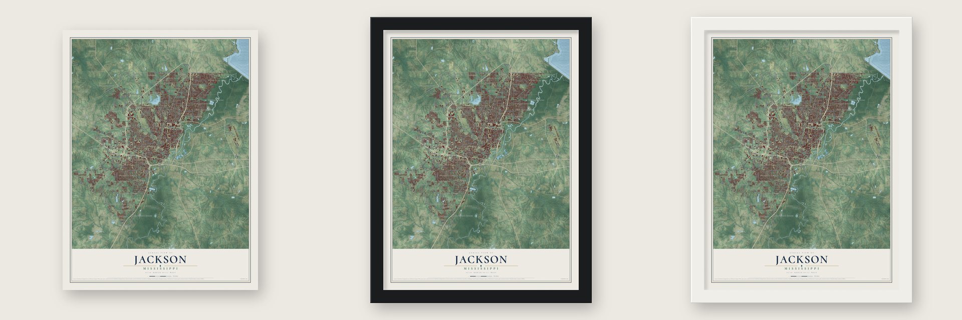 Jackson, Mississippi map unframed, in a black wood frame and in a white wood frame