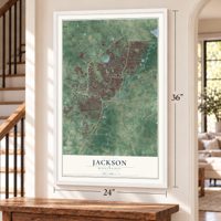 Jackson, Mississippi map, 24 x 36 inch print in a white frame by a staircase