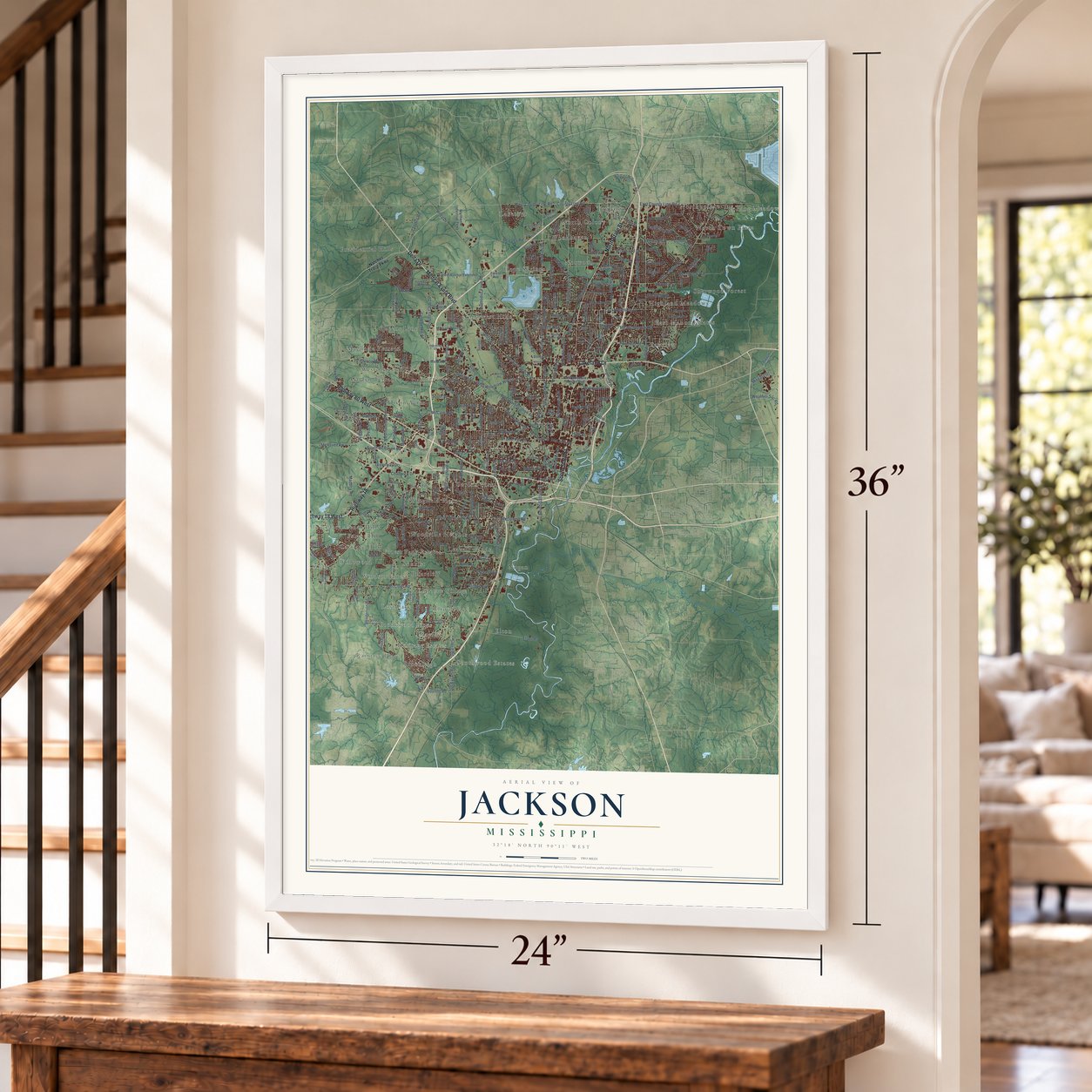 Jackson, Mississippi map, 24 x 36 inch print in a white frame by a staircase