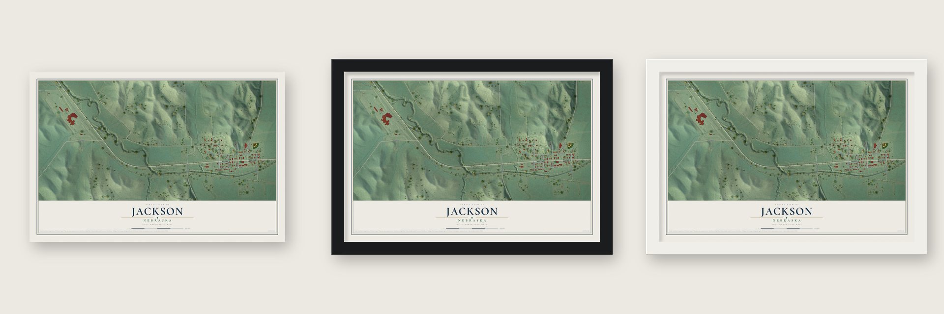Jackson, Nebraska map unframed, in a black wood frame and in a white wood frame