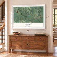 Jackson, Nebraska map, 24 x 36 inch print in a white frame above a dresser by a staircase