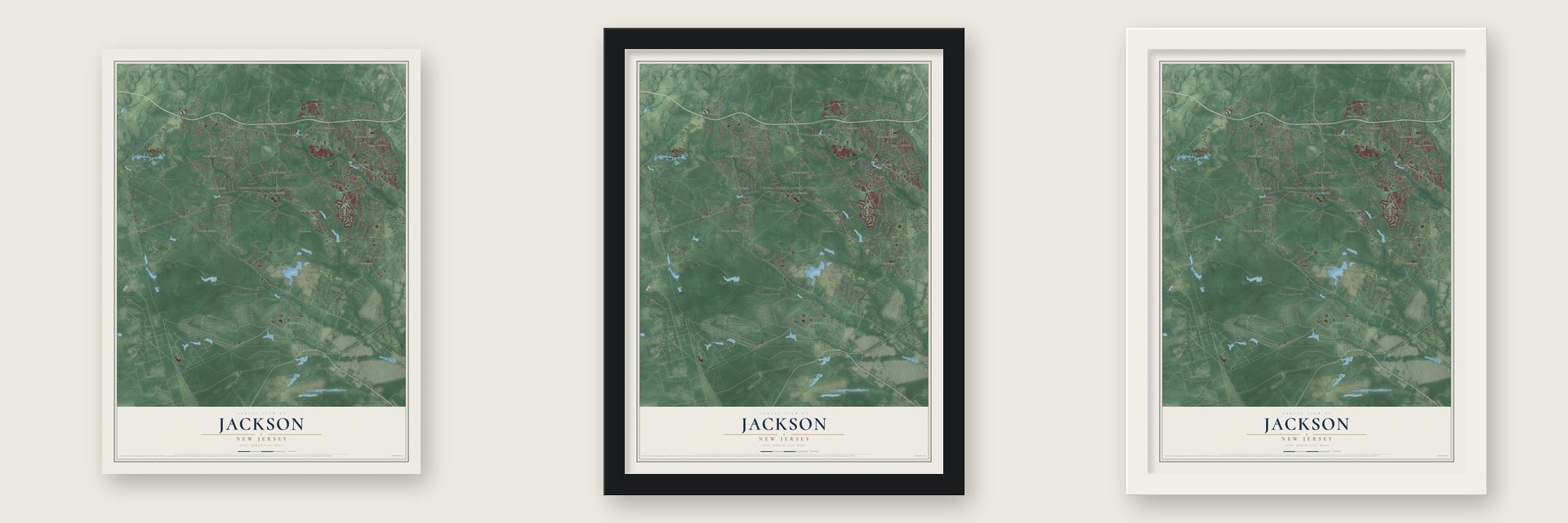 Jackson, New Jersey map unframed, in a black wood frame and in a white wood frame