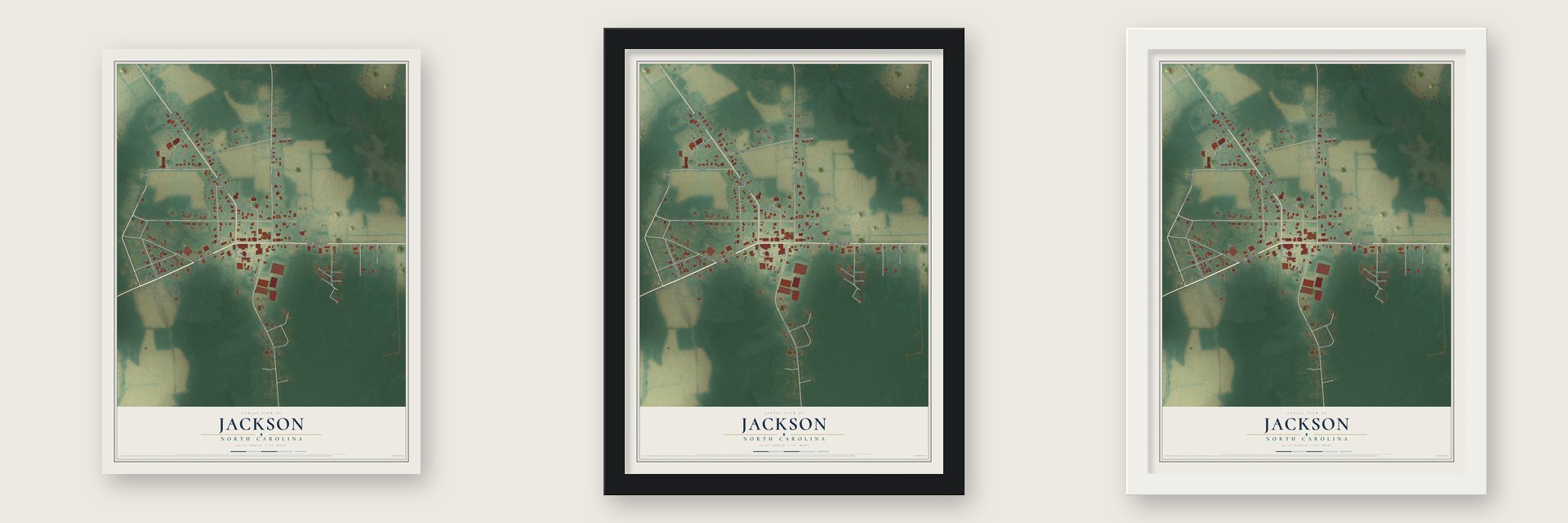 Jackson, North Carolina map unframed, in a black wood frame and in a white wood frame
