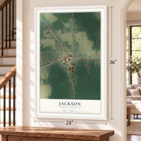 Jackson, North Carolina map, 24 x 36 inch print in a white frame by a staircase