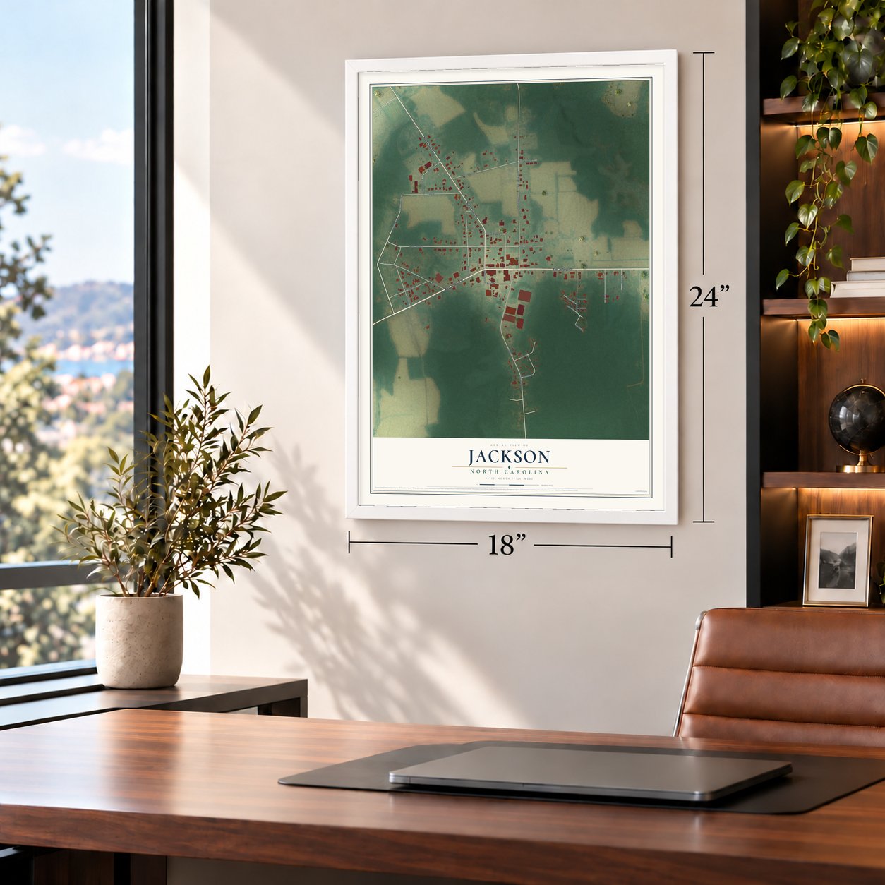 Jackson, North Carolina map, 18 x 24 inch print in a white frame in a home office