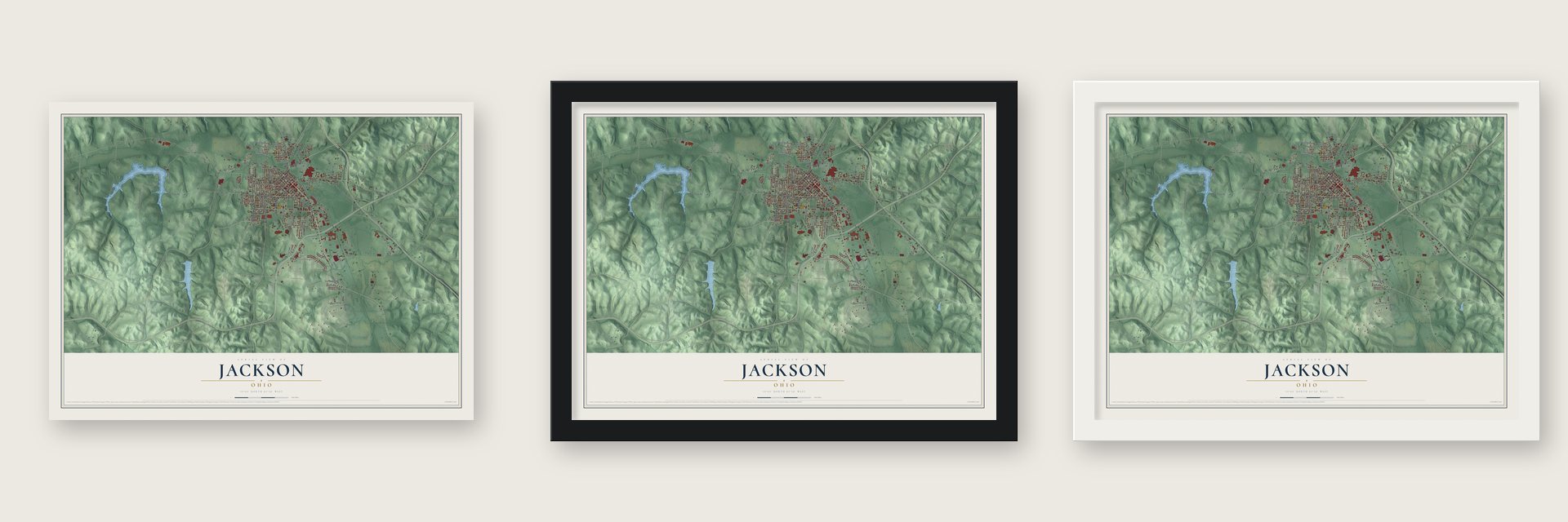 Jackson, Ohio map unframed, in a black wood frame and in a white wood frame