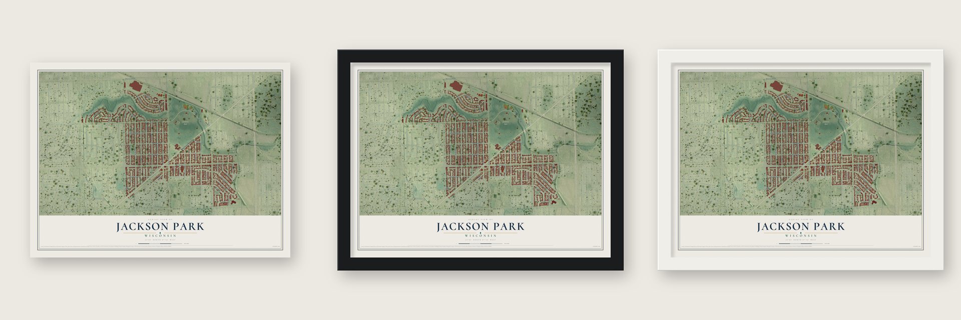 Jackson Park, Wisconsin map unframed, in a black wood frame and in a white wood frame