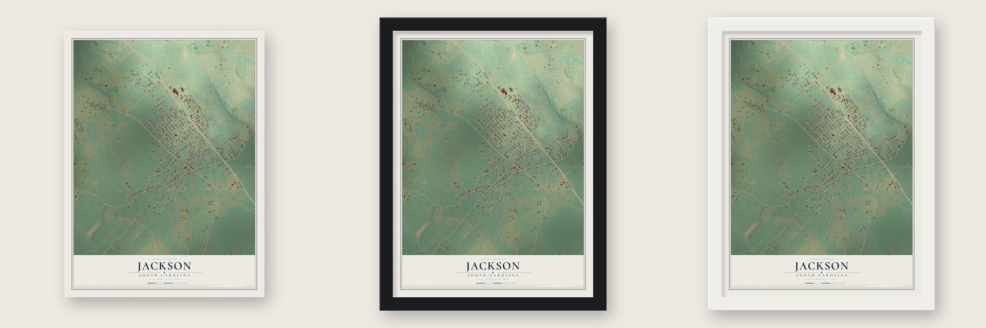 Jackson, South Carolina map unframed, in a black wood frame and in a white wood frame