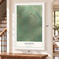 Jackson, South Carolina map, 24 x 36 inch print in a white frame by a staircase