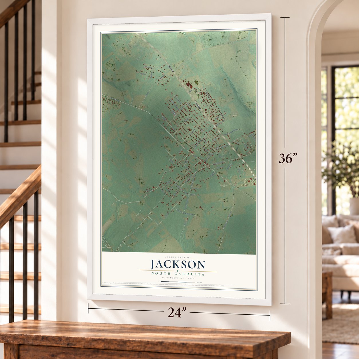 Jackson, South Carolina map, 24 x 36 inch print in a white frame by a staircase