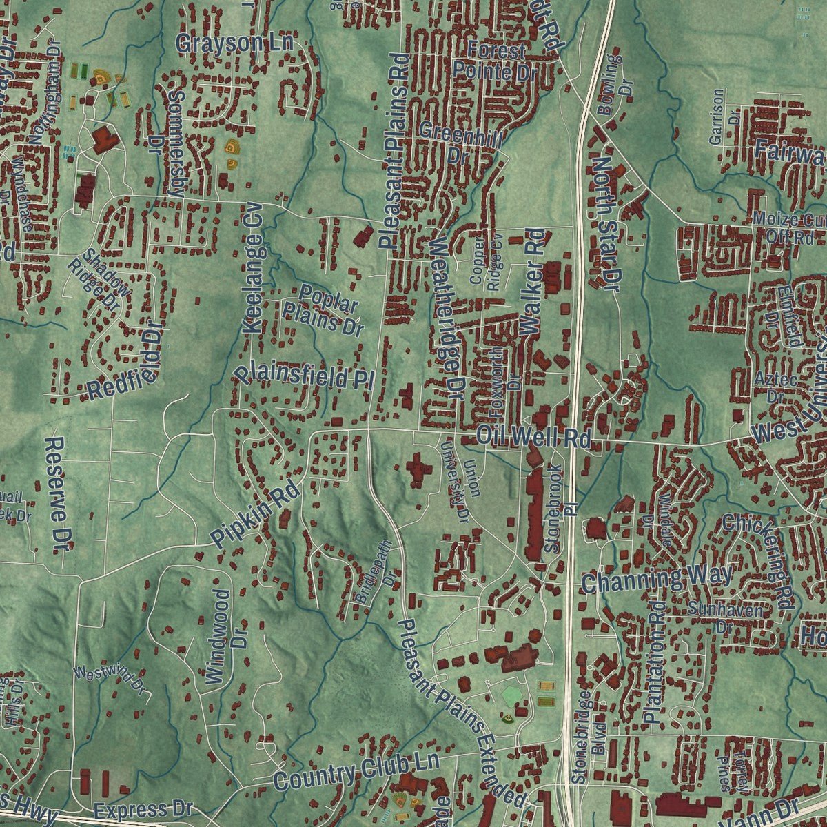 Second close-up of the map of Jackson, Tennessee print showing more streets and buildings