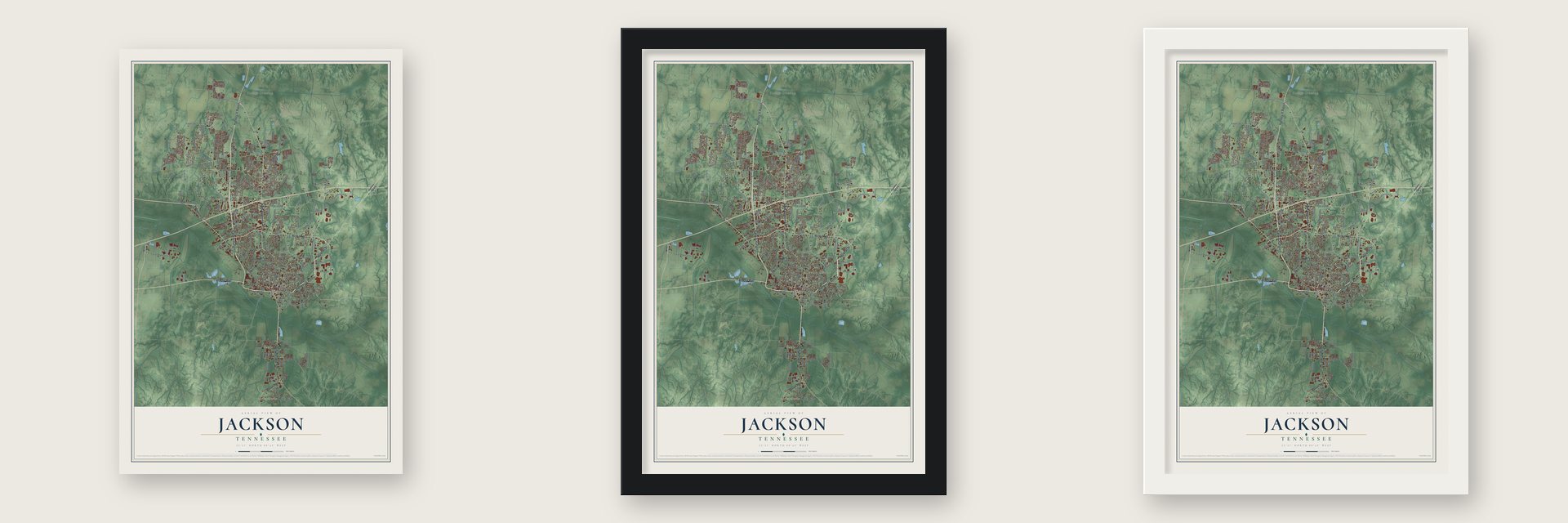 Jackson, Tennessee map unframed, in a black wood frame and in a white wood frame