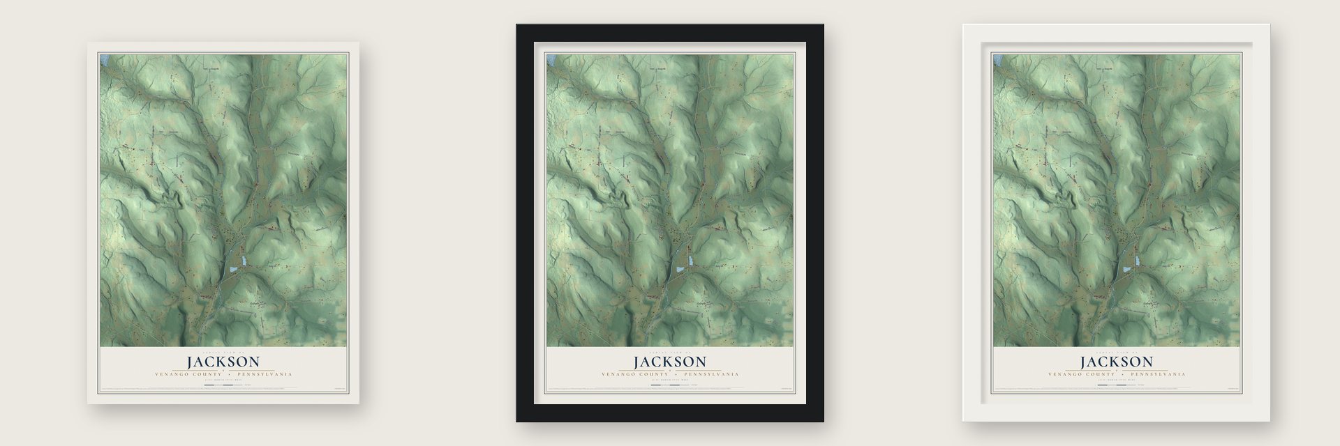Jackson, Venango County, Pennsylvania map unframed, in a black wood frame and in a white wood frame