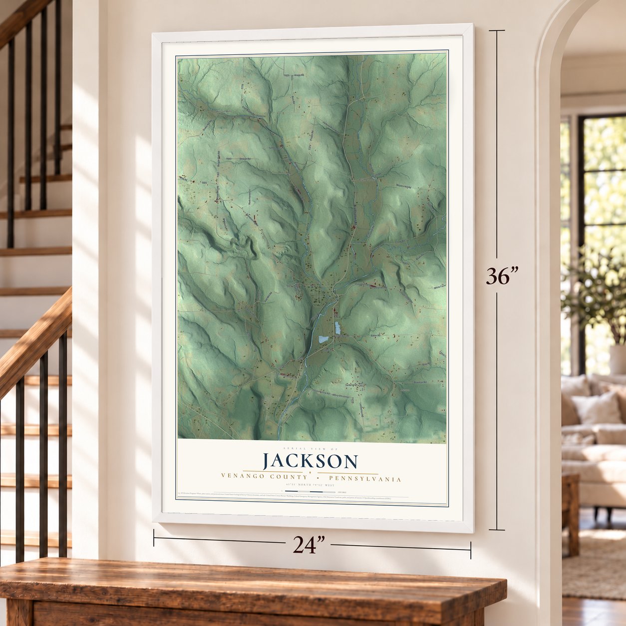 Jackson, Venango County, Pennsylvania map, 24 x 36 inch print in a white frame by a staircase