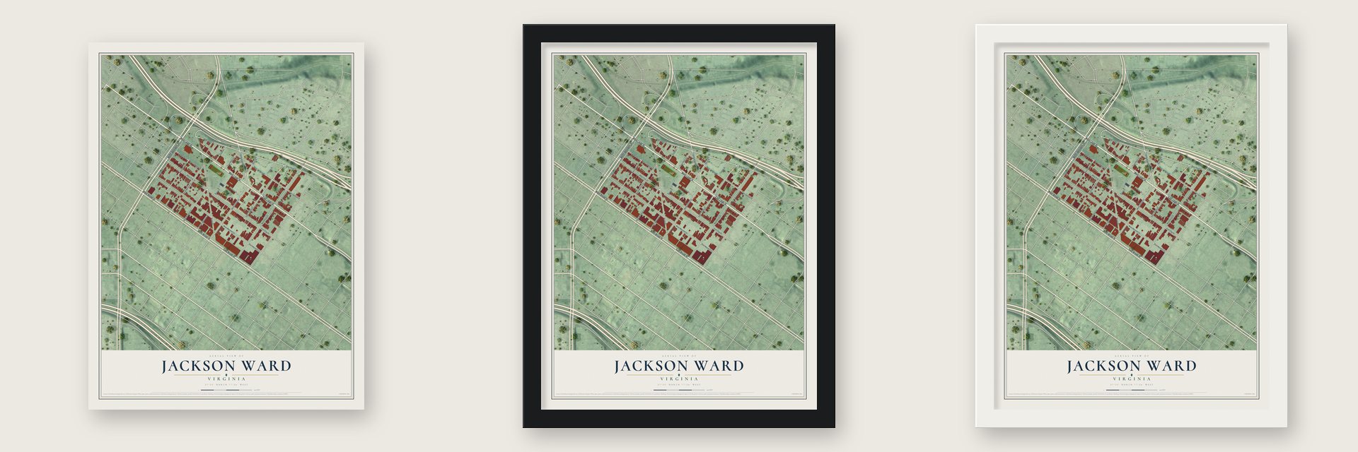 Jackson Ward, Virginia map unframed, in a black wood frame and in a white wood frame