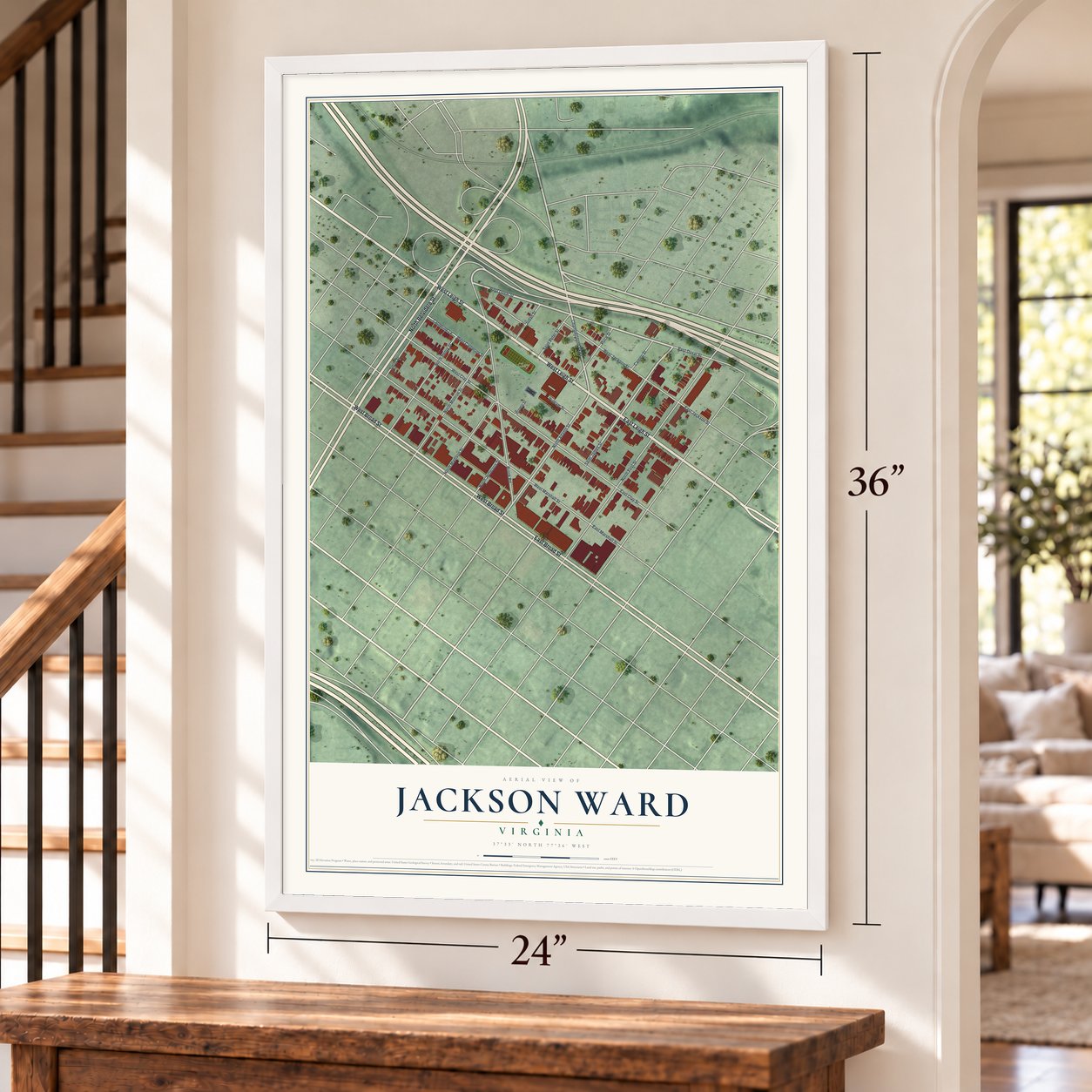 Jackson Ward, Virginia map, 24 x 36 inch print in a white frame by a staircase