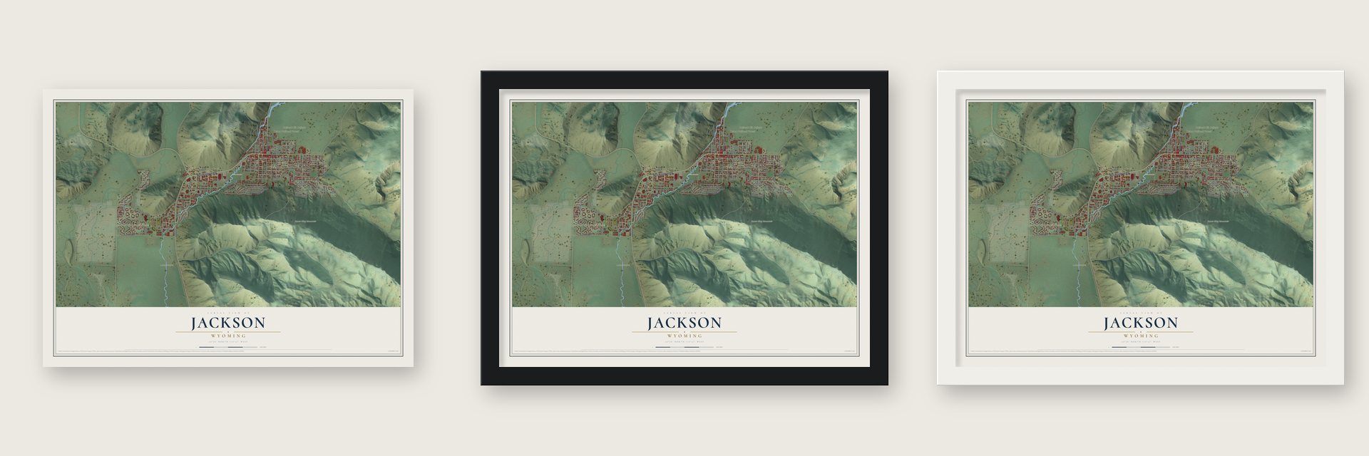 Jackson, Wyoming map unframed, in a black wood frame and in a white wood frame