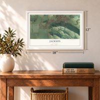 Jackson, Wyoming map, 12 x 18 inch print in a white frame in an entryway