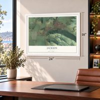 Jackson, Wyoming map, 18 x 24 inch print in a white frame in a home office