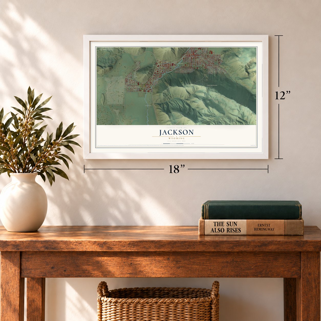 Jackson, Wyoming map, 12 x 18 inch print in a white frame in an entryway