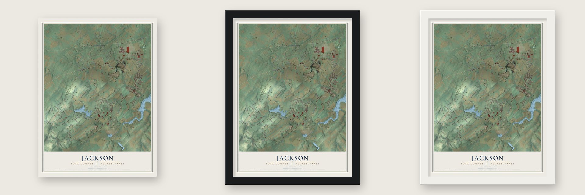 Jackson, York County, Pennsylvania map unframed, in a black wood frame and in a white wood frame