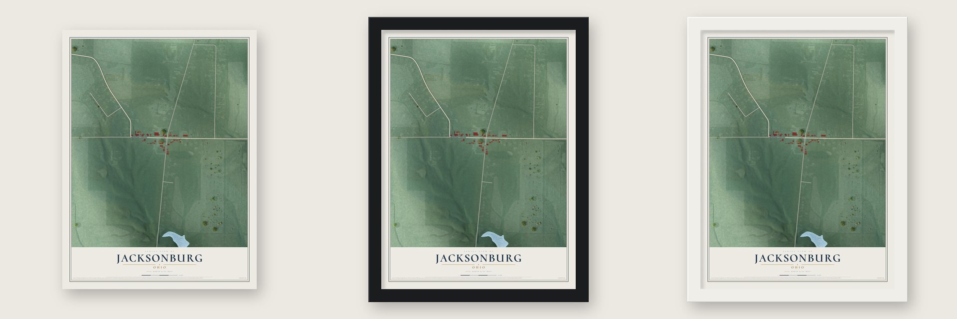 Jacksonburg, Ohio map unframed, in a black wood frame and in a white wood frame