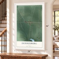 Jacksonburg, Ohio map, 24 x 36 inch print in a white frame by a staircase