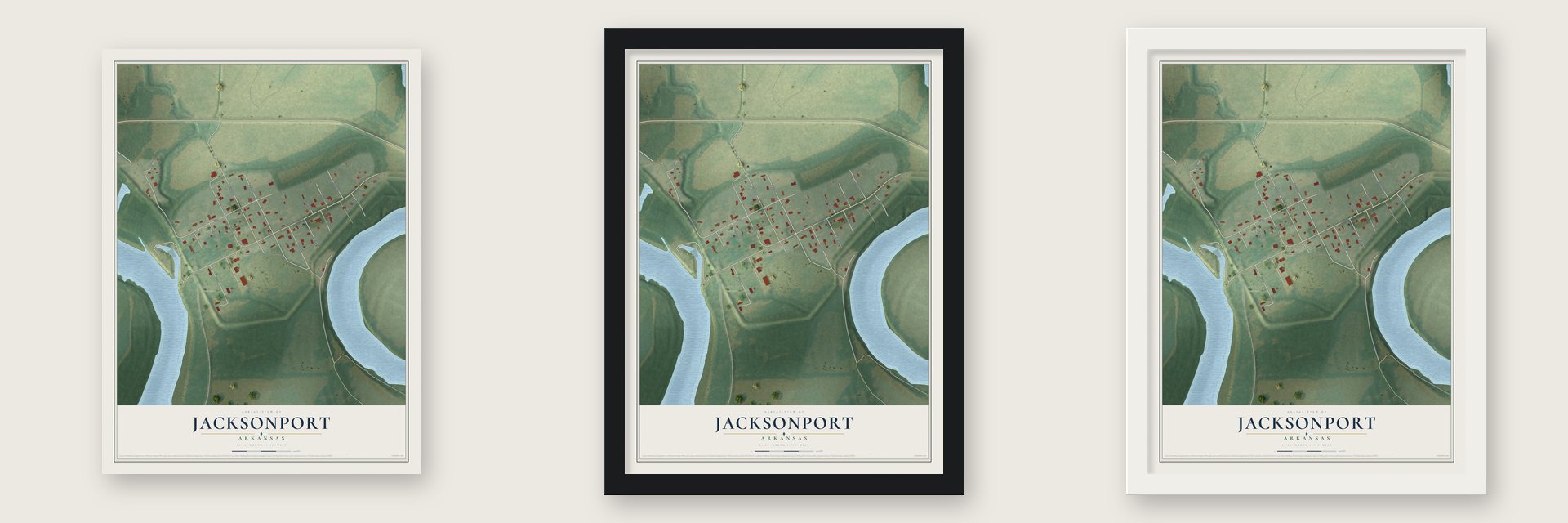 Jacksonport, Arkansas map unframed, in a black wood frame and in a white wood frame