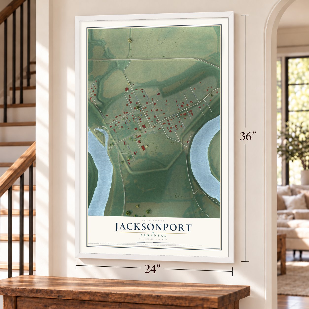 Jacksonport, Arkansas map, 24 x 36 inch print in a white frame by a staircase