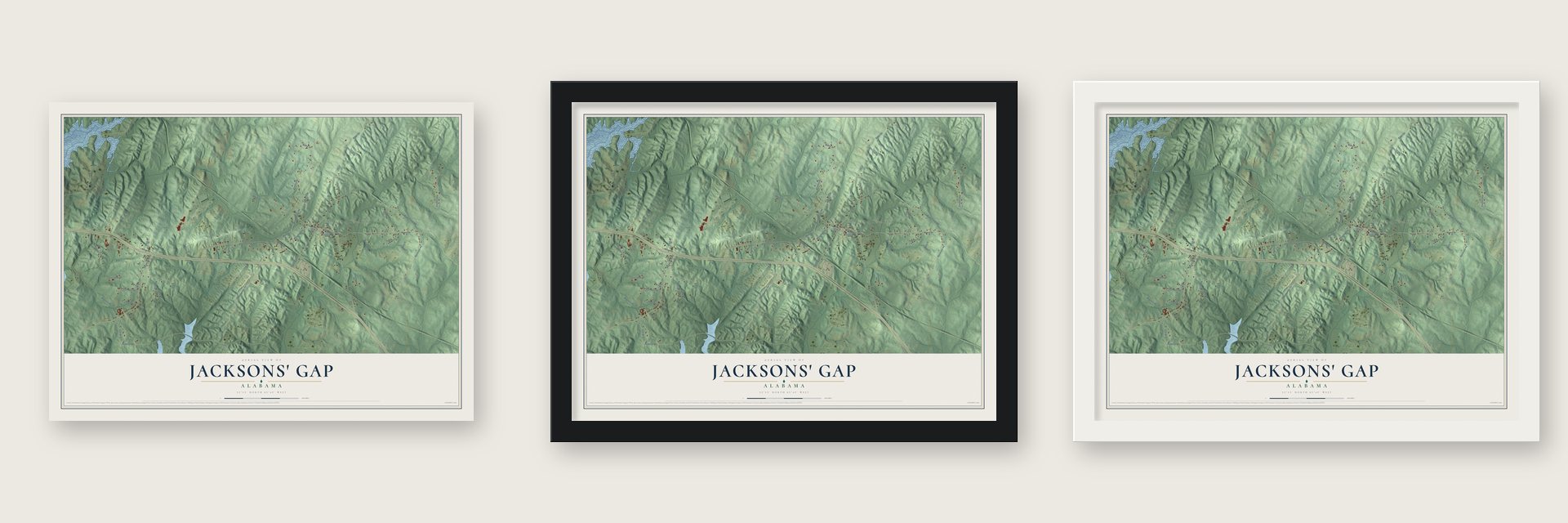 Jacksons' Gap, Alabama map unframed, in a black wood frame and in a white wood frame