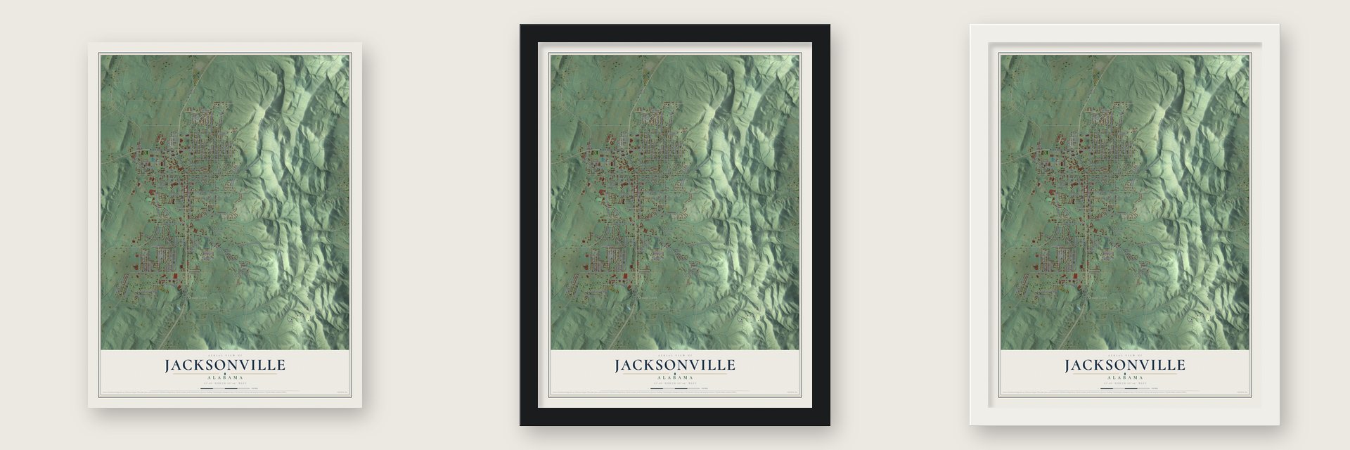 Jacksonville, Alabama map unframed, in a black wood frame and in a white wood frame