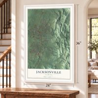 Jacksonville, Alabama map, 24 x 36 inch print in a white frame by a staircase