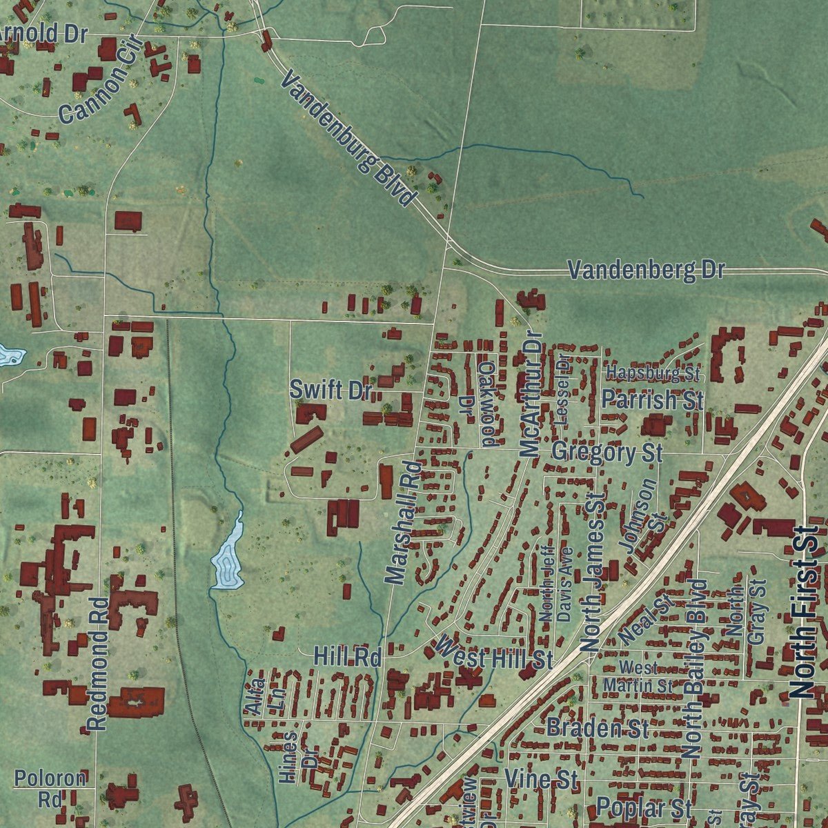 Second close-up of the map of Jacksonville, Arkansas print showing more streets and buildings