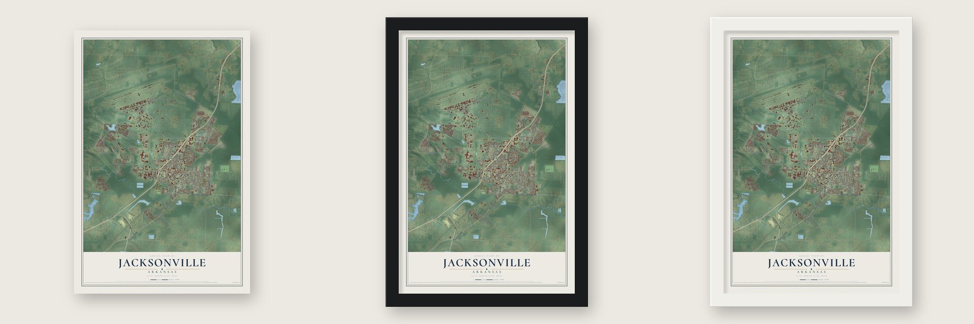 Jacksonville, Arkansas map unframed, in a black wood frame and in a white wood frame