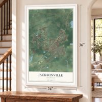 Jacksonville, Arkansas map, 24 x 36 inch print in a white frame by a staircase