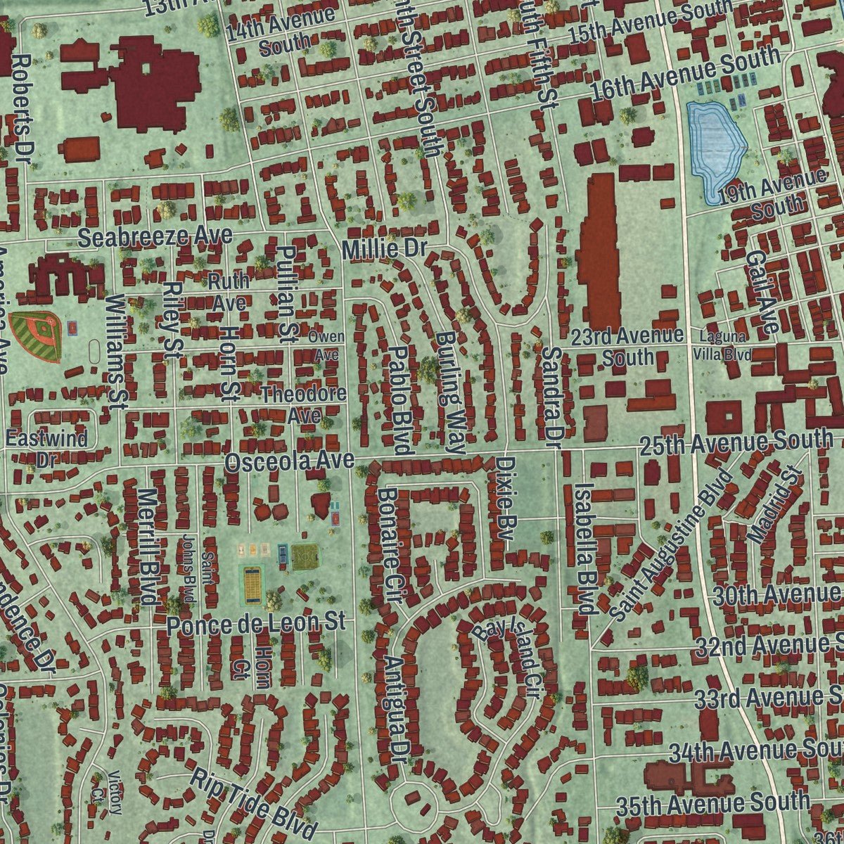Second close-up of the map of Jacksonville Beach, Florida print showing more streets and buildings