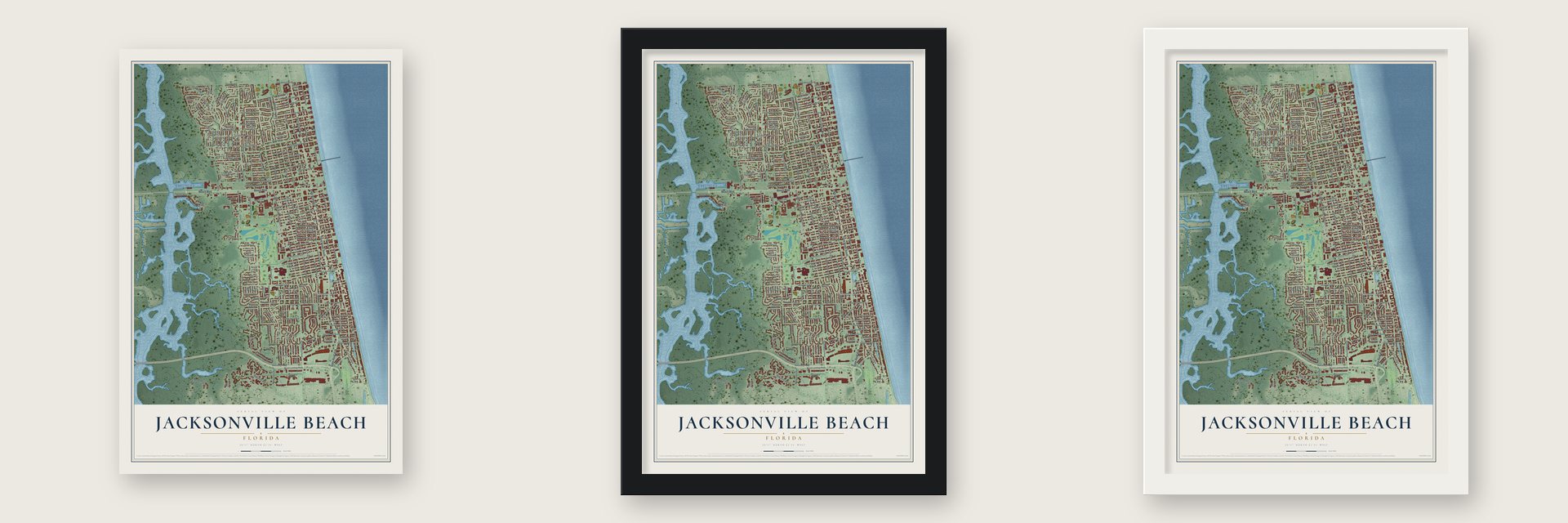 Jacksonville Beach, Florida map unframed, in a black wood frame and in a white wood frame