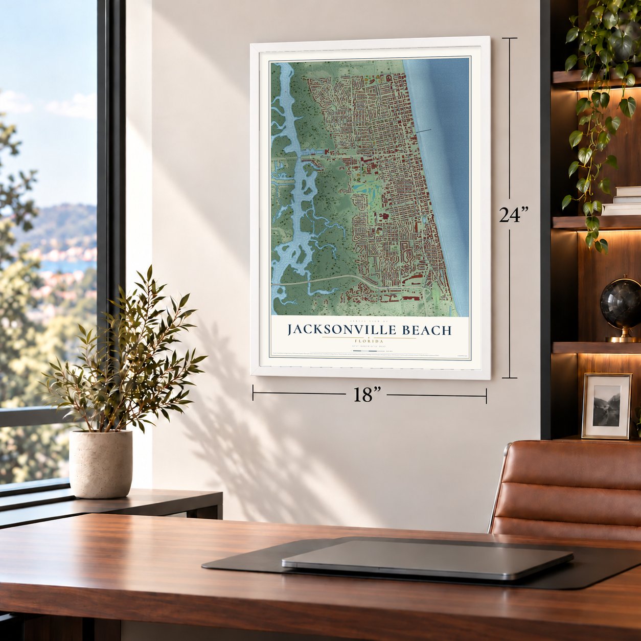 Jacksonville Beach, Florida map, 18 x 24 inch print in a white frame in a home office
