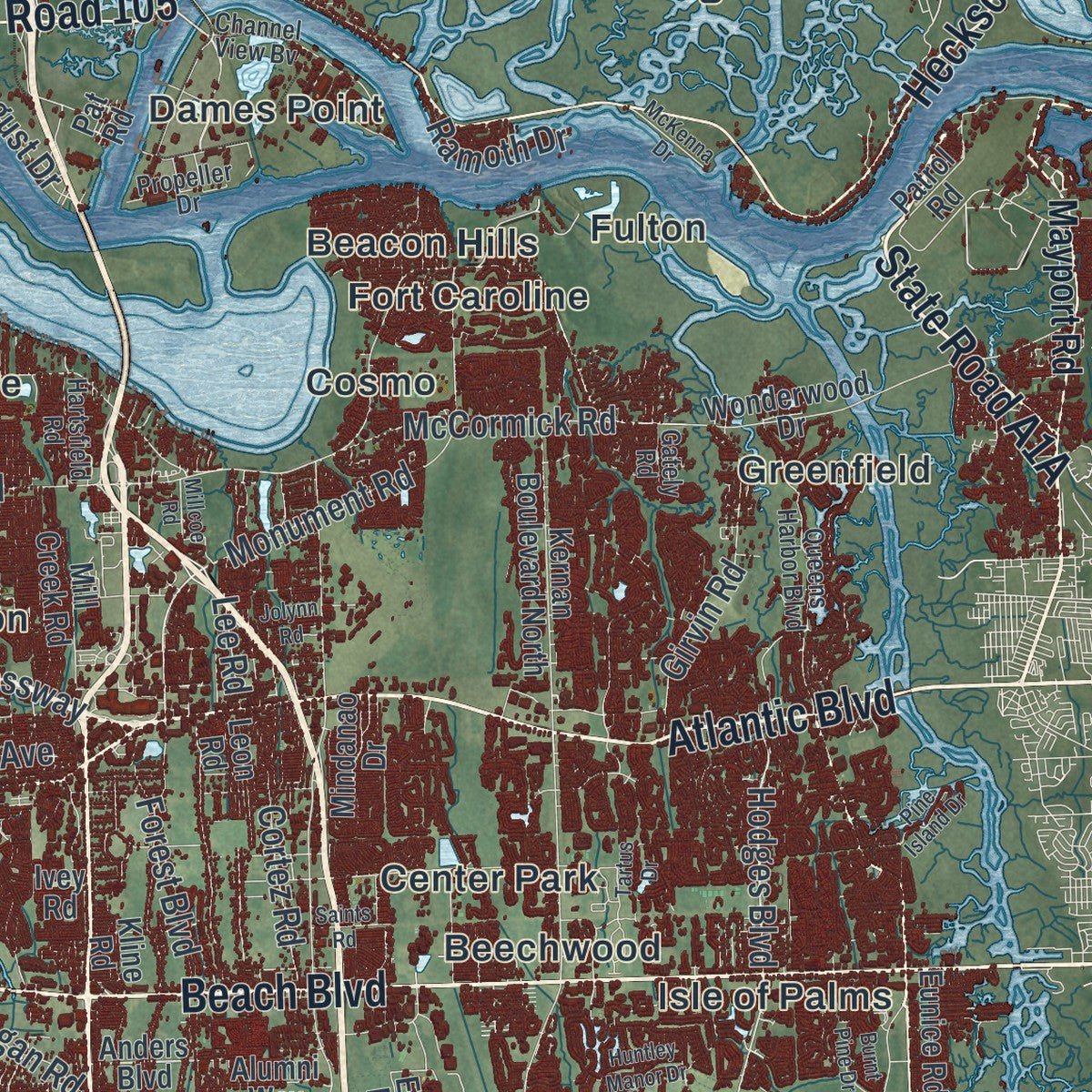 Second close-up of the map of Jacksonville, Florida print showing more streets and buildings