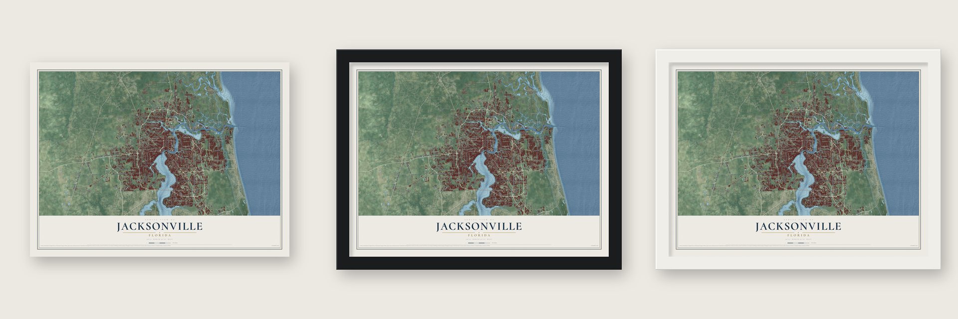 Jacksonville, Florida map unframed, in a black wood frame and in a white wood frame