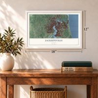 Jacksonville, Florida map, 12 x 18 inch print in a white frame in an entryway